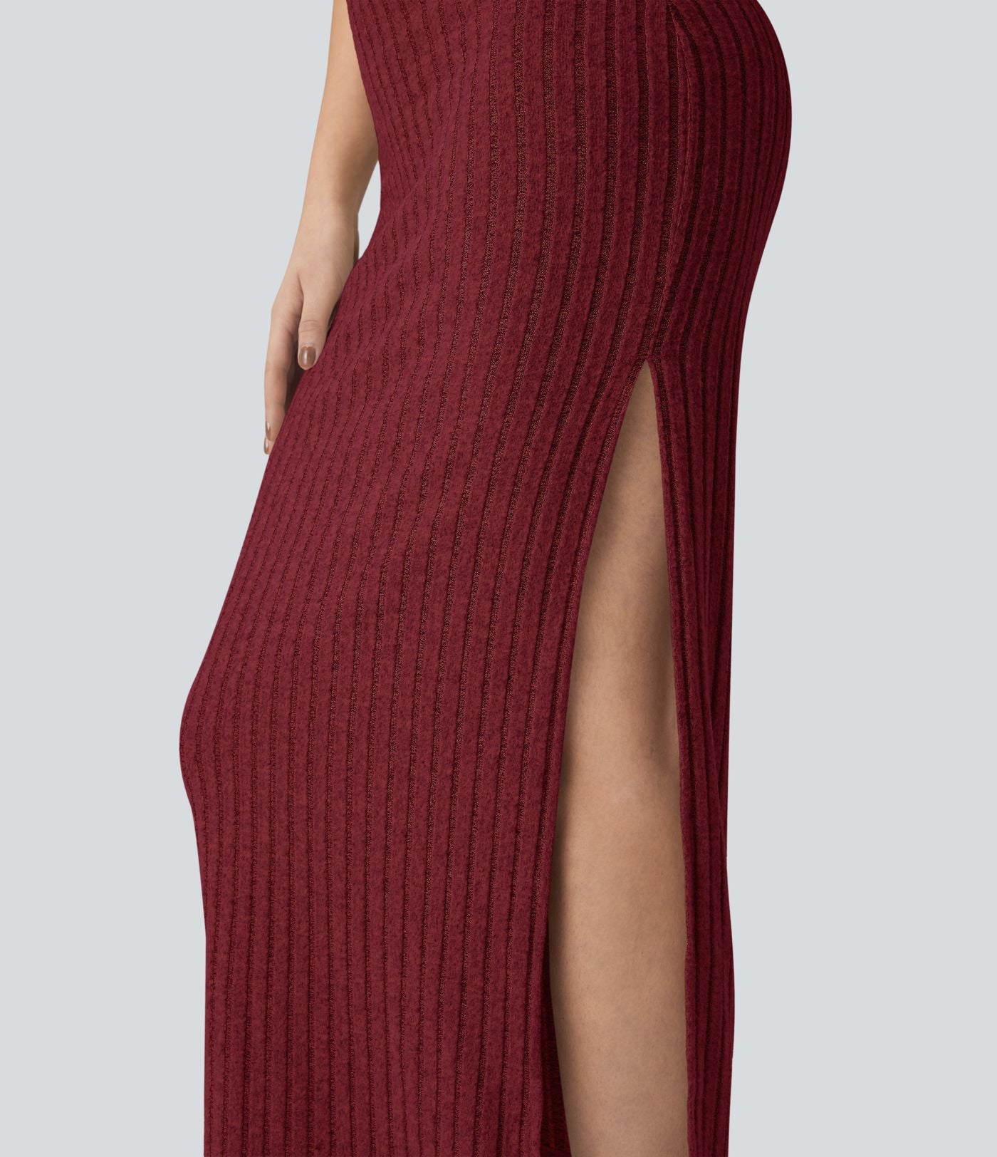 Robe longue moulante décontractée maille côtelée col carré sans manches dos torsadé avec fente