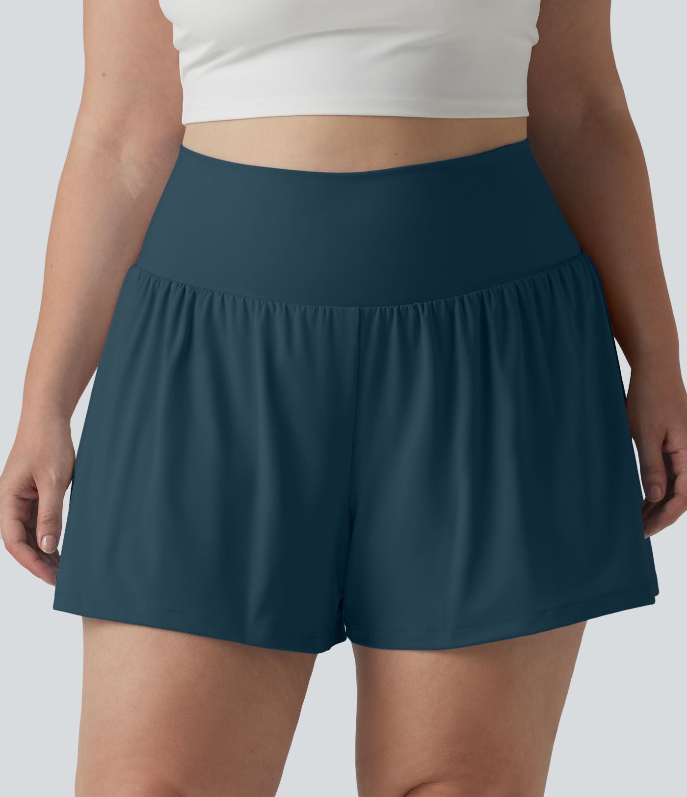 Short Yoga 10cm Plus Longue Taille Ultra Haute 2 en 1 Poche Arrière Poche Cachée Latérale Grande Taille