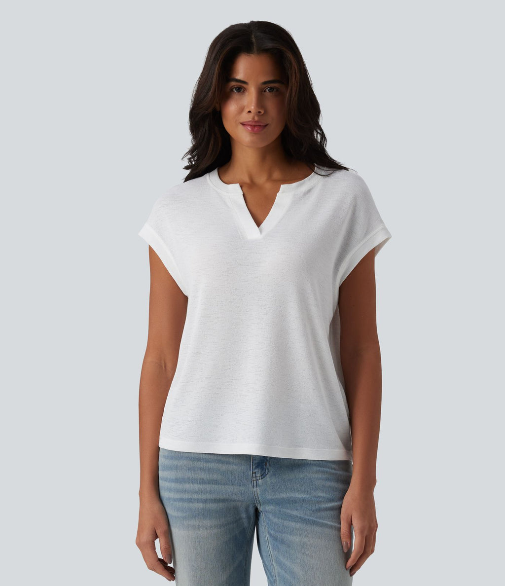 T-shirt décontracté semi-transparent col cranté manches courtes