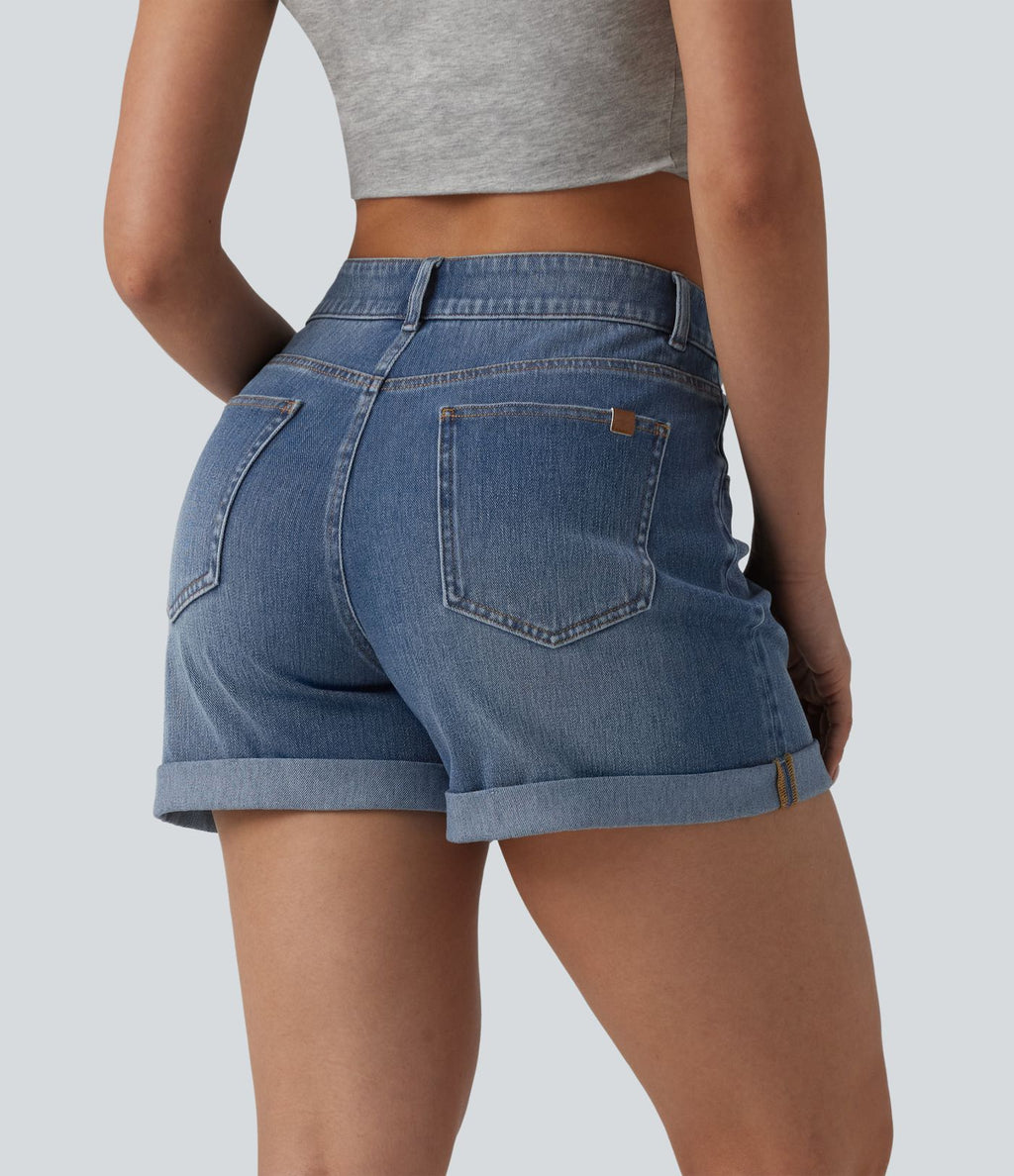 Short denim décontracté Halara Flex™ asymétrique délavé taille haute ourlet roulotté avec poches