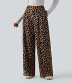 Pantalon large décontracté taille haute imprimé léopard en tissu gaufré avec poches