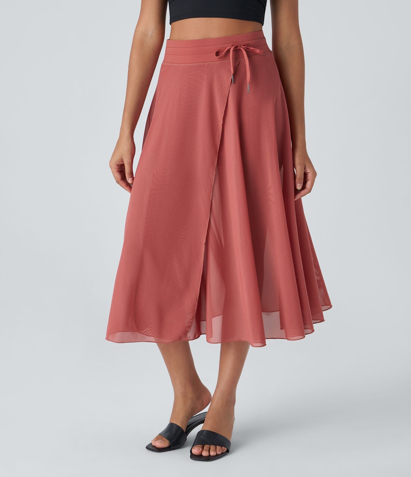 Jupe Casual Évasée Mesh Mi-Longue Fuide 2 en 1 Contrastée Taille Haute Cordon Poche Latérale