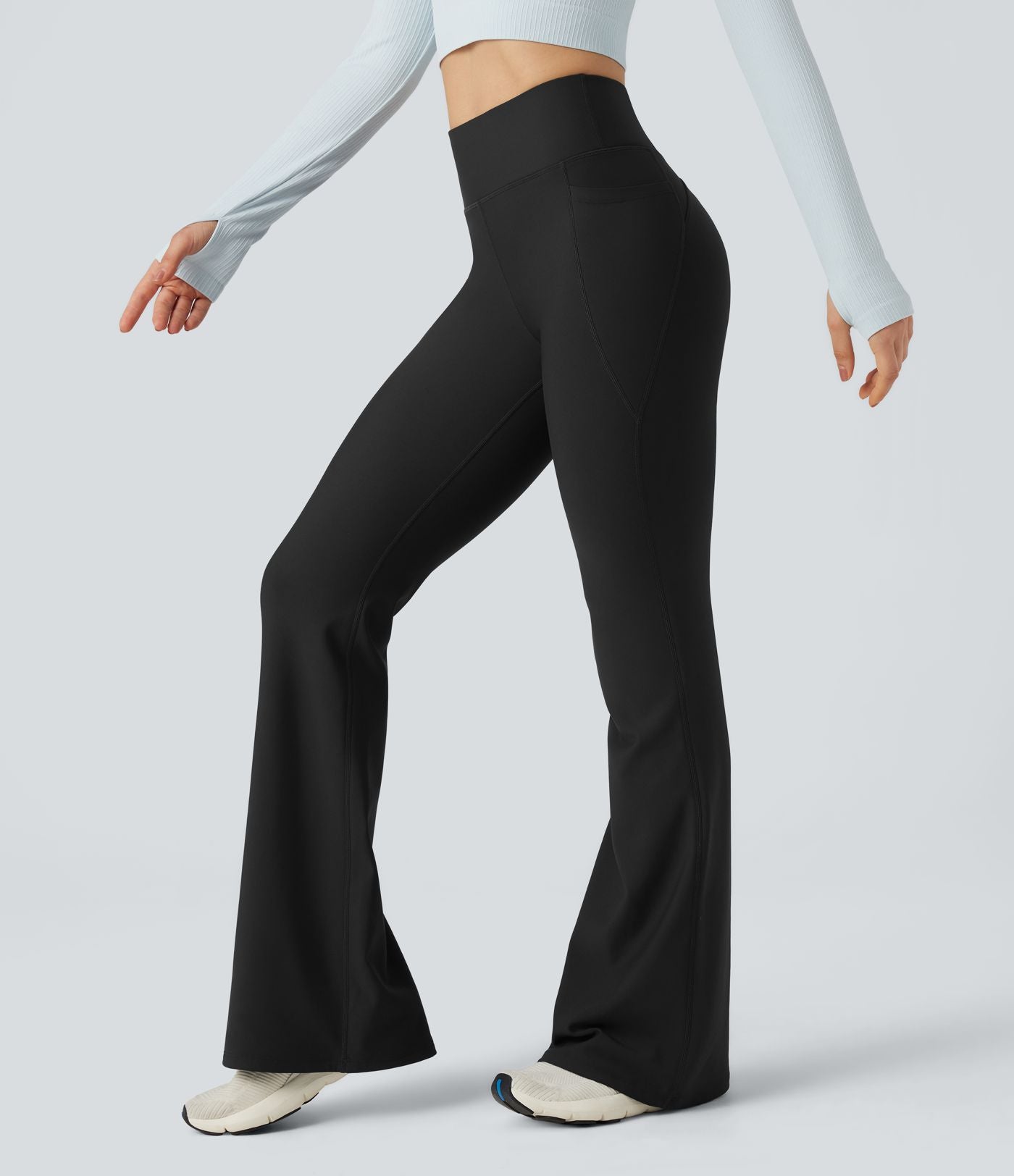 Pantalon de yoga évasé thermique en polaire froncée, taille haute, avec poches