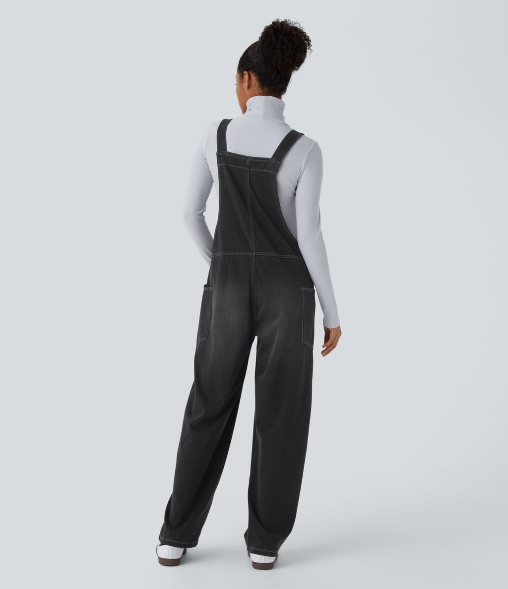 Salopette décontractée Halara Flex™ en denim extensible délavé, col V et poches latérales