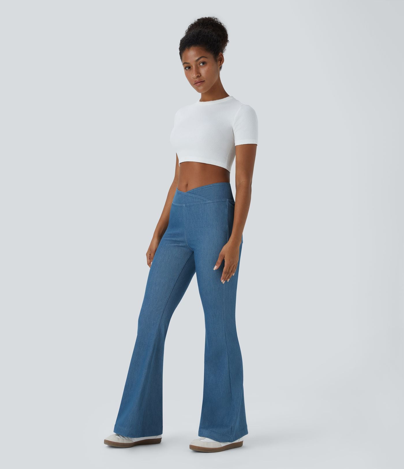 Halara Flex™ Jean Évasé Casual en Tricot Stretch Taille Haute avec Dos Croisé et Poches