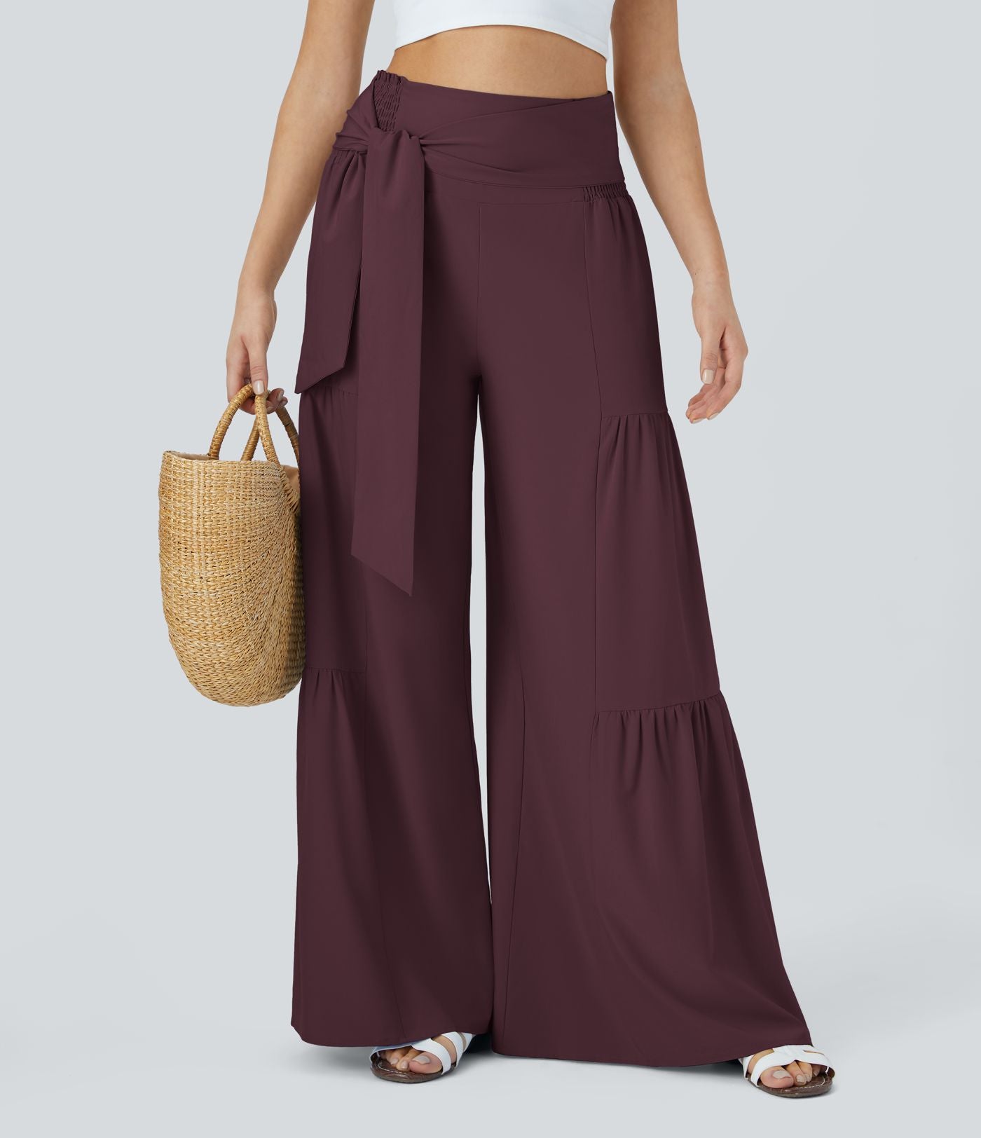 Breezeful™ Pantalon Large Casual Taille Haute Froncé à Nouer Devant et Dos Fluide Séchage Rapide