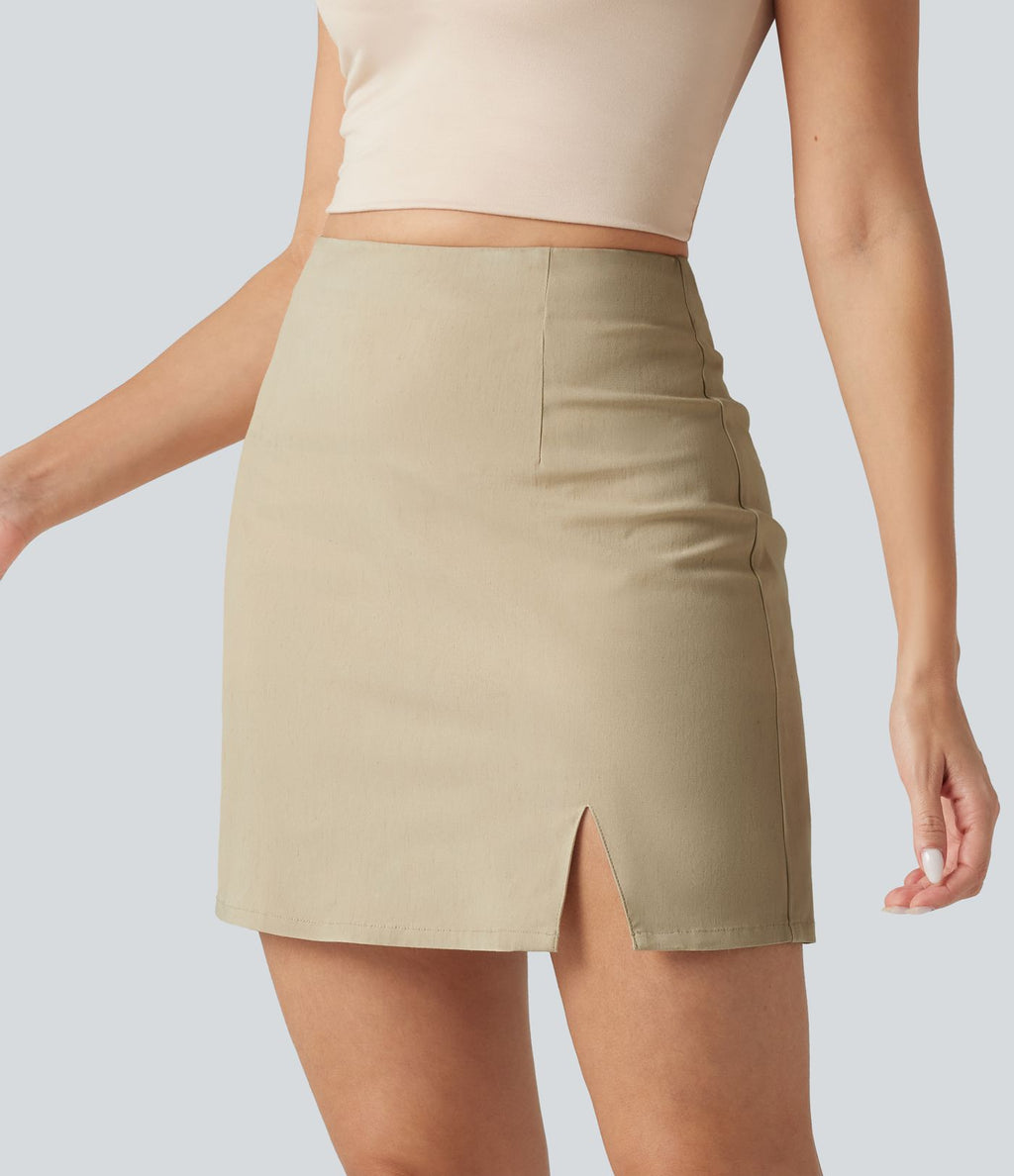 Jupe décontractée taille haute en lin extensible 2-en-1 avec fermeture éclair invisible et fente
