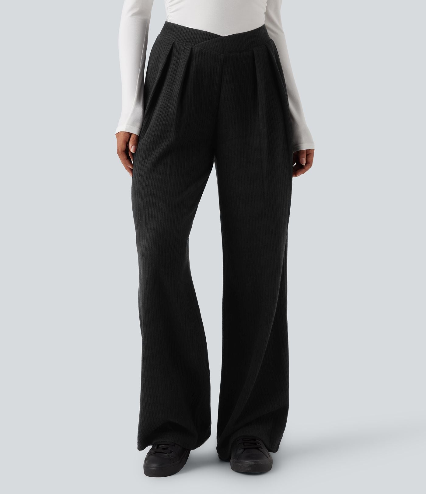 Pantalon décontracté droit côtelé, taille haute, avec poches et détail croisé