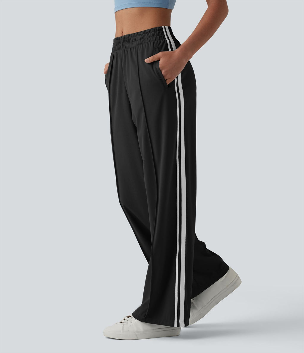 Pantalon décontracté mi-taille coupe droite à séchage rapide à rayures color block avec poches - UPF40+