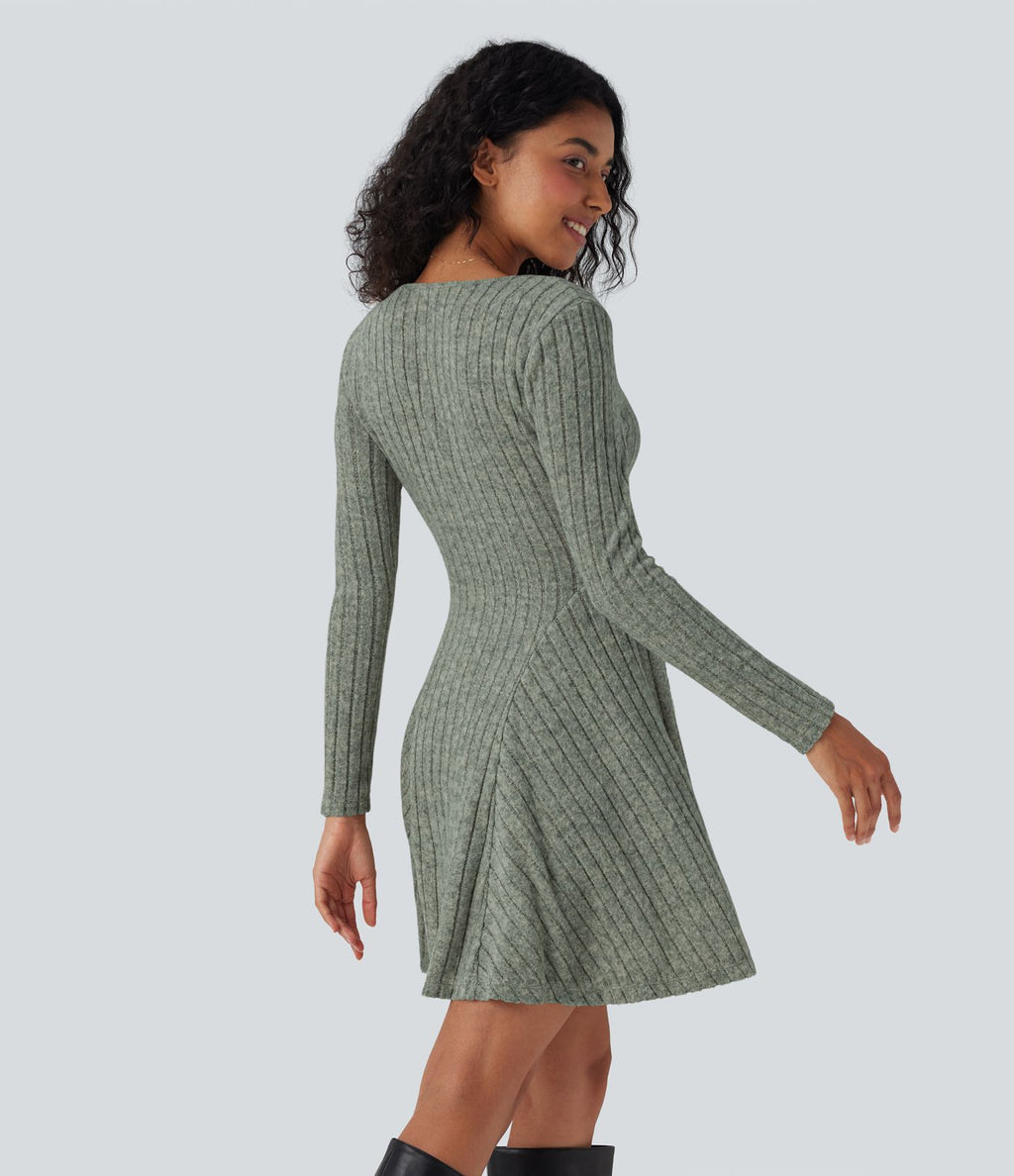 Robe décontractée mini évasée maille côtelée col V manches longues