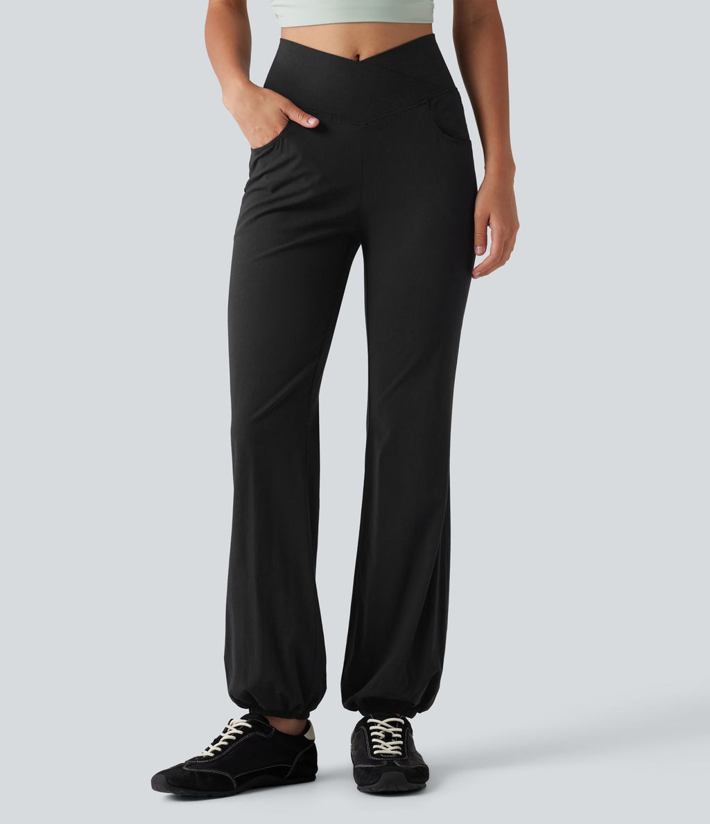 Jogging bouffant casual en lin extensible à taille haute croisée avec poches