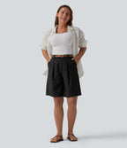 Bermuda tailleur taille haute aspect lin avec poches
