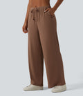 Pantalon large casual en maille côtelée extensible taille mi-haute avec cordon de serrage et poches