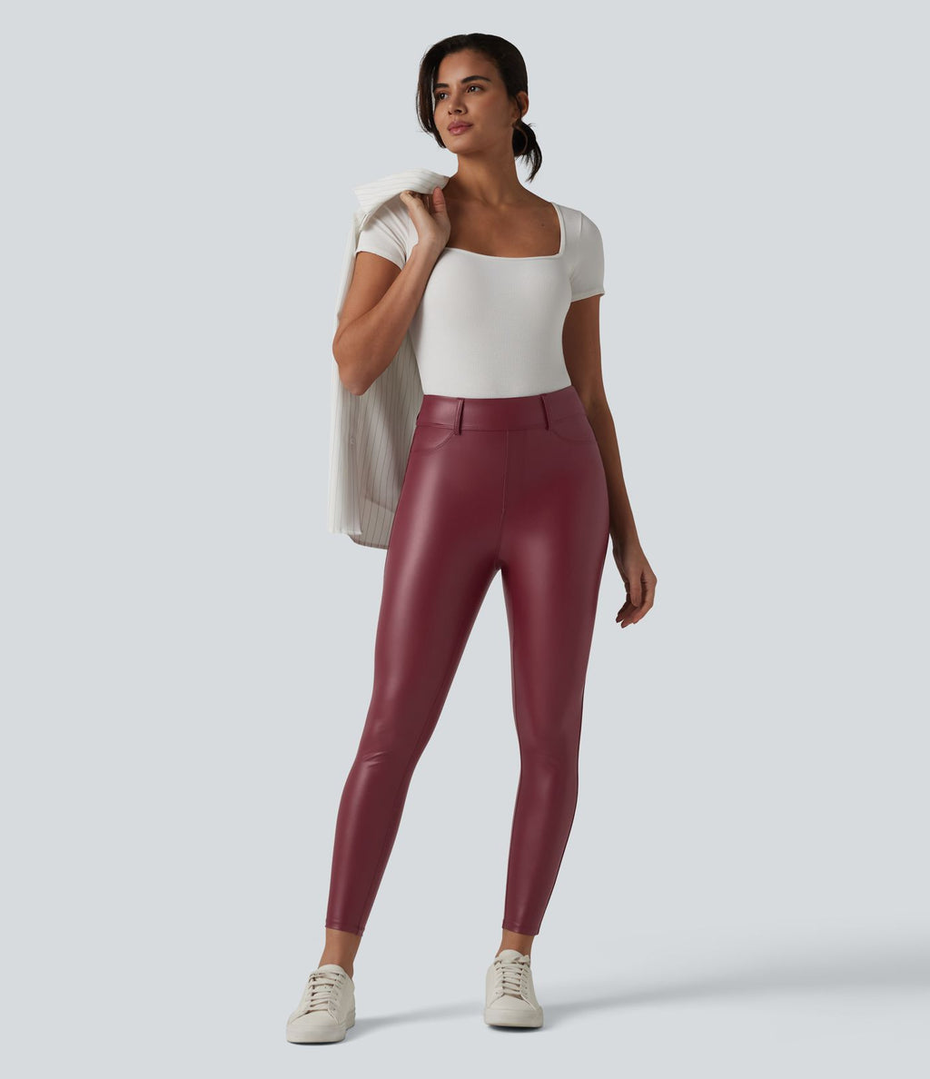 Legging 7/8 casual taille haute extensible en simili cuir avec poches