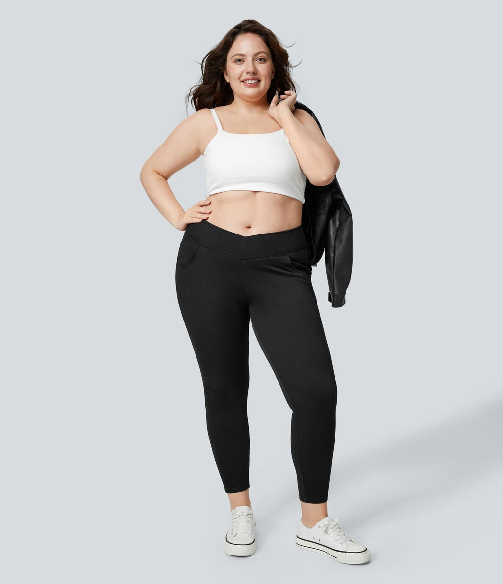 Halara Flex™ Legging Travail  7/8 Taille Croisée en Denim Tricot Extensible Taille Haute Poches Multiples Grande Taille