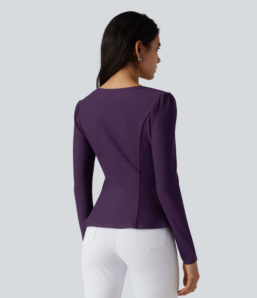 Blouse de travail à col V, dentelle contrastante, manches longues et ourlet à volants