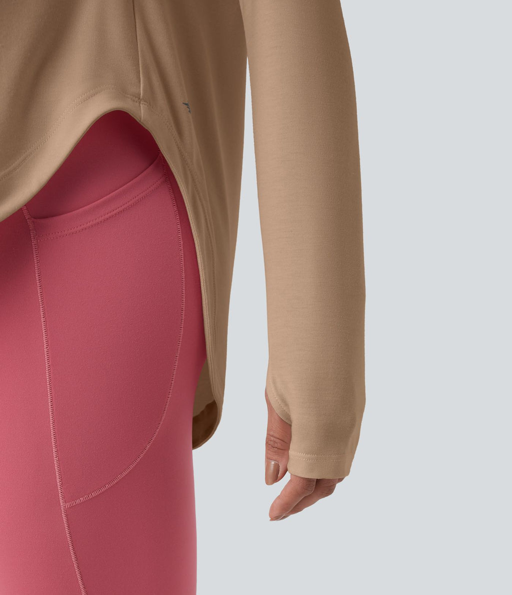 Top de sport yoga une épaule séchage rapide ourlet arrondi asymétrique manches longues avec trous pouces - Brassière intégrée