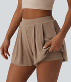 Short tailleur casual 2-en-1 côtelé maille taille haute avec poches