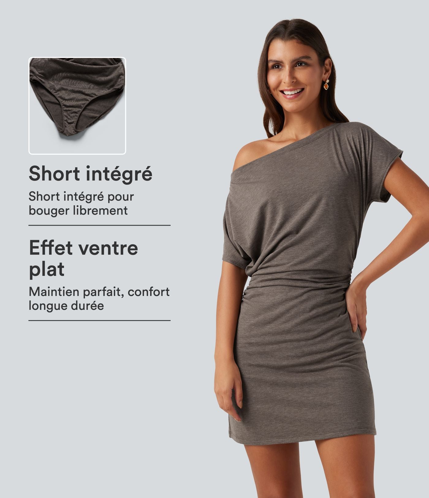 Robe mini décontractée asymétrique une épaule avec détails froncés, effet ventre plat et short intégré