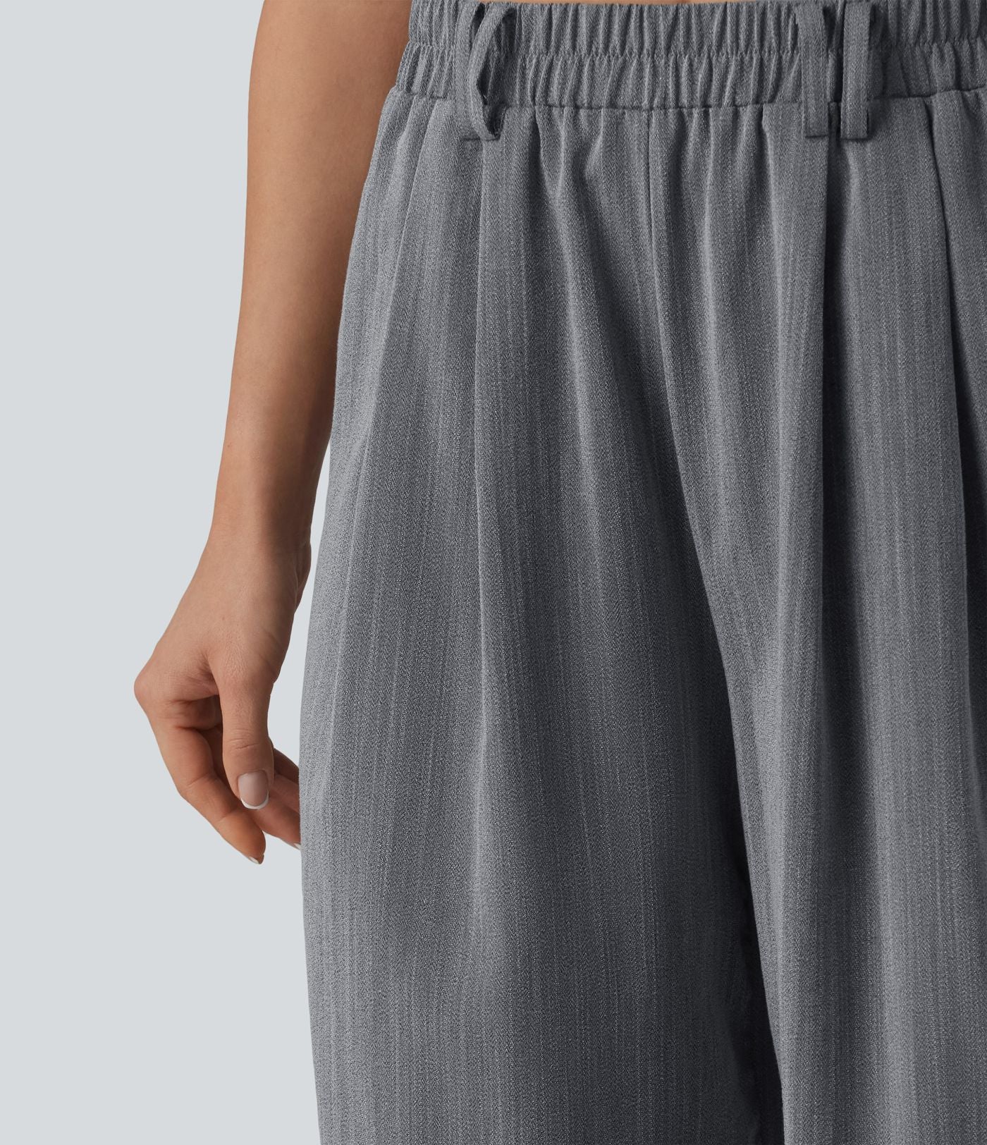 Pantalon large court casual taille haute avec ceinture aspect lin et poches