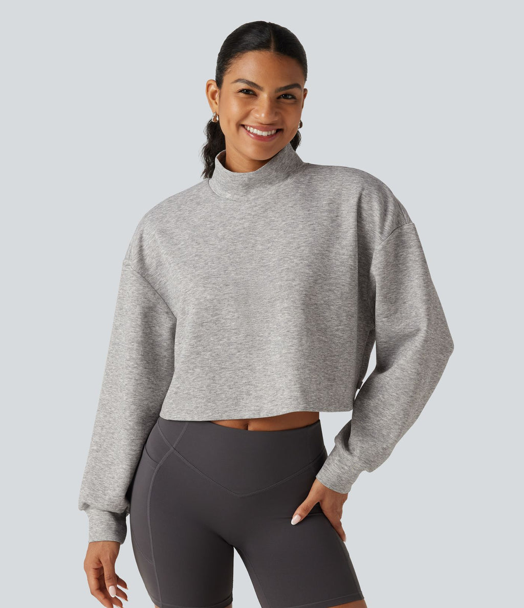 Sweat crop top col montant avec manches longues et coupe décontractée