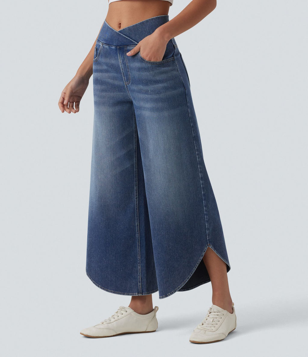 Halara Flex™ Jean large casual taille mi-haute croisée avec ourlet incurvé et poches