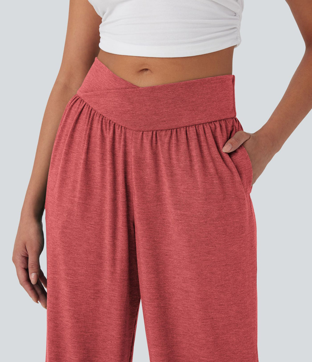 Pantalon de jogging décontracté à taille haute croisée avec poches latérales et cordon de serrage