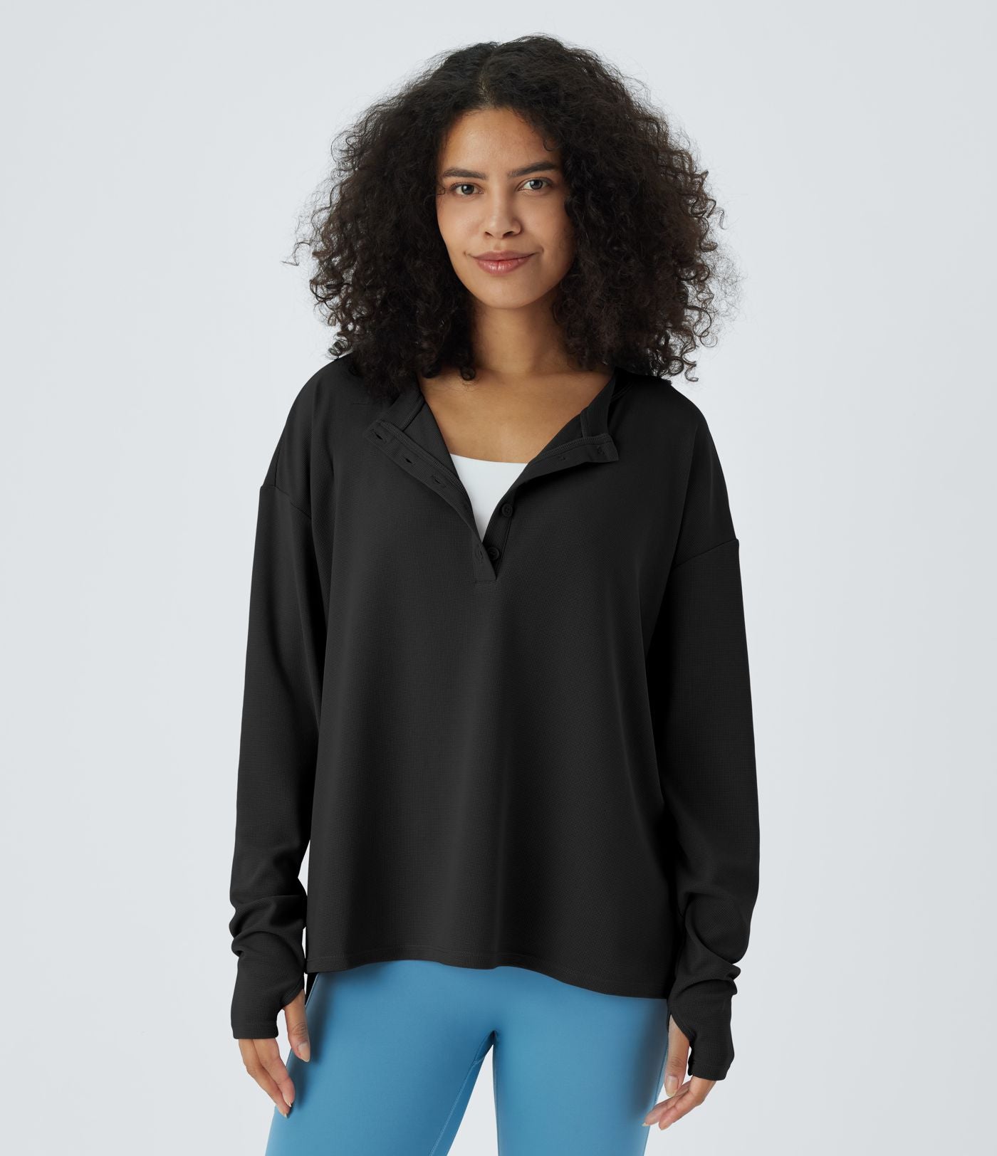 Sweatshirt Casual Waffle à Boutons Devant avec Trou Pouce et Fente