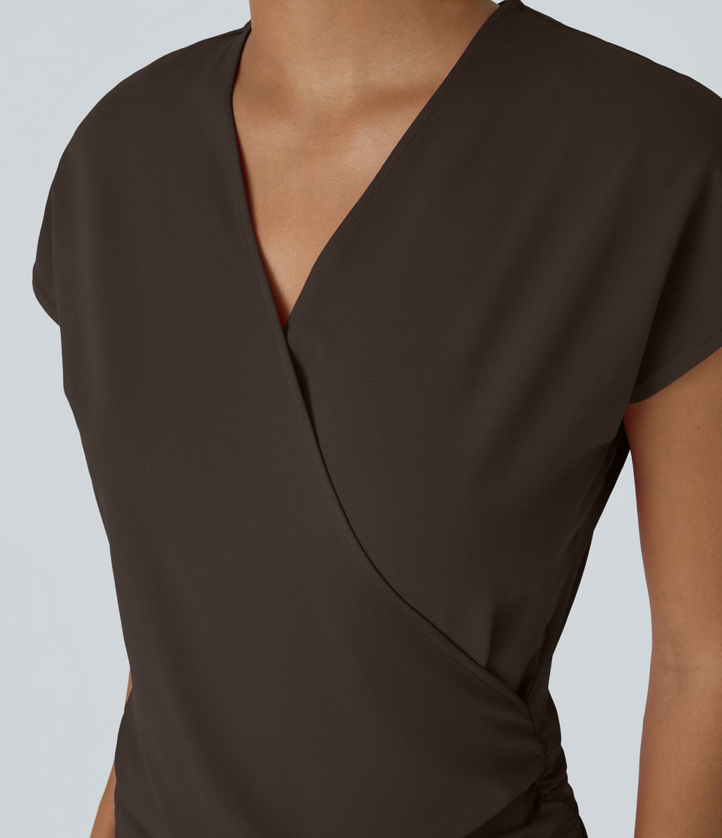 Blouse Travail Unie Froncée Croisée Manches Courtes Col en V