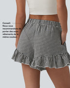 Short resort à volants en vichy aspect lin taille mi-haute avec nœud frontal et poches