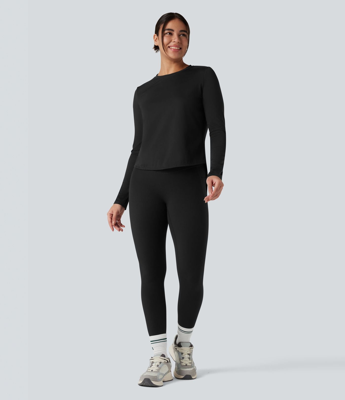 Top de sport running col rond mesh contrastant liens dans le dos manches longues