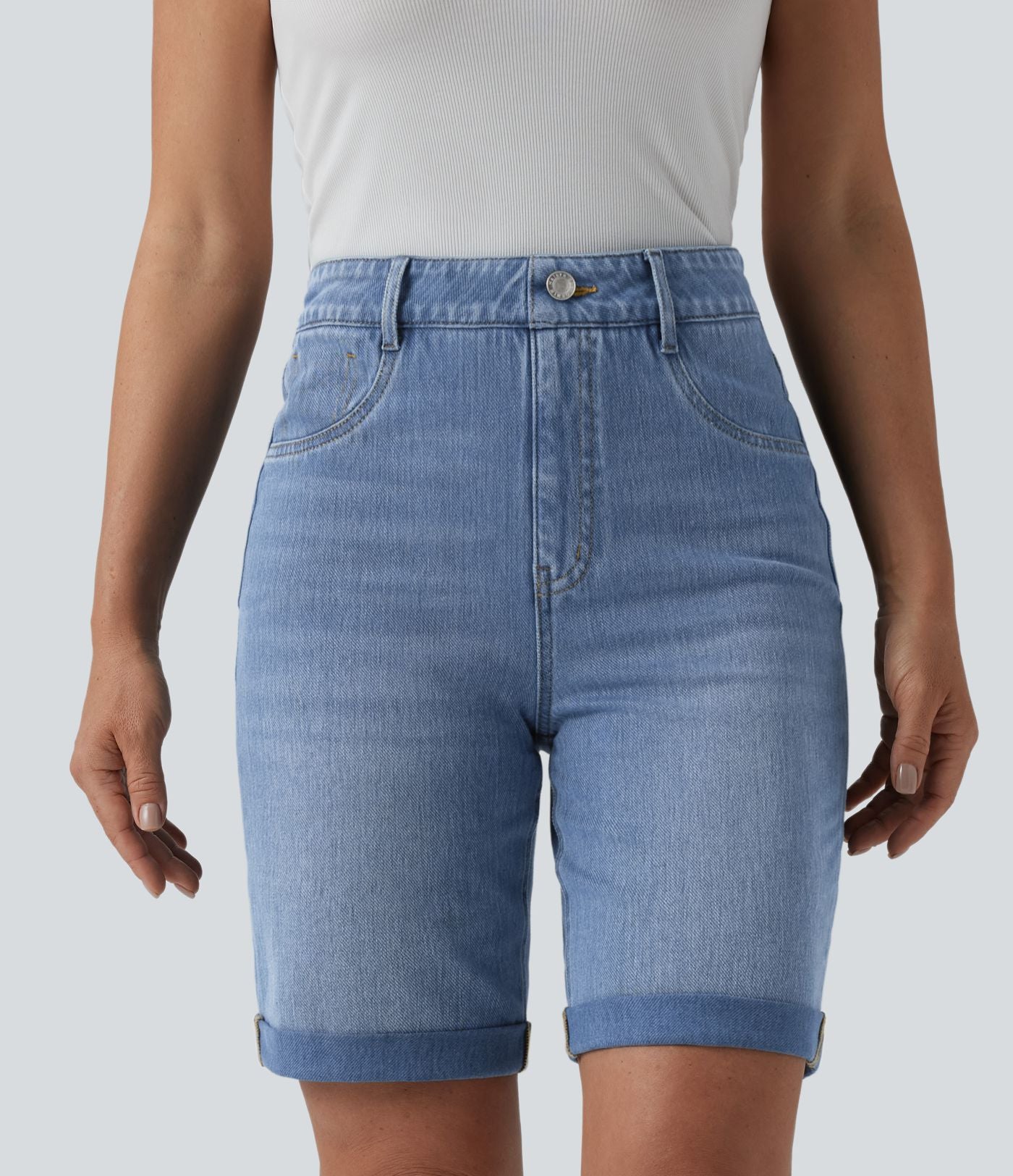 Short en jean Halara Flex™ taille haute gainant délavé à ourlet roulotté décontracté avec poches