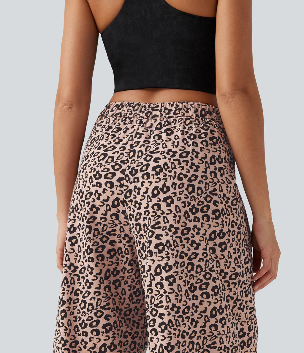 Pantalon large décontracté imprimé léopard taille mi-haute avec poches