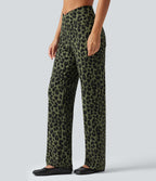 Pantalon large décontracté taille haute croisé imprimé léopard en tissu gaufré avec poches