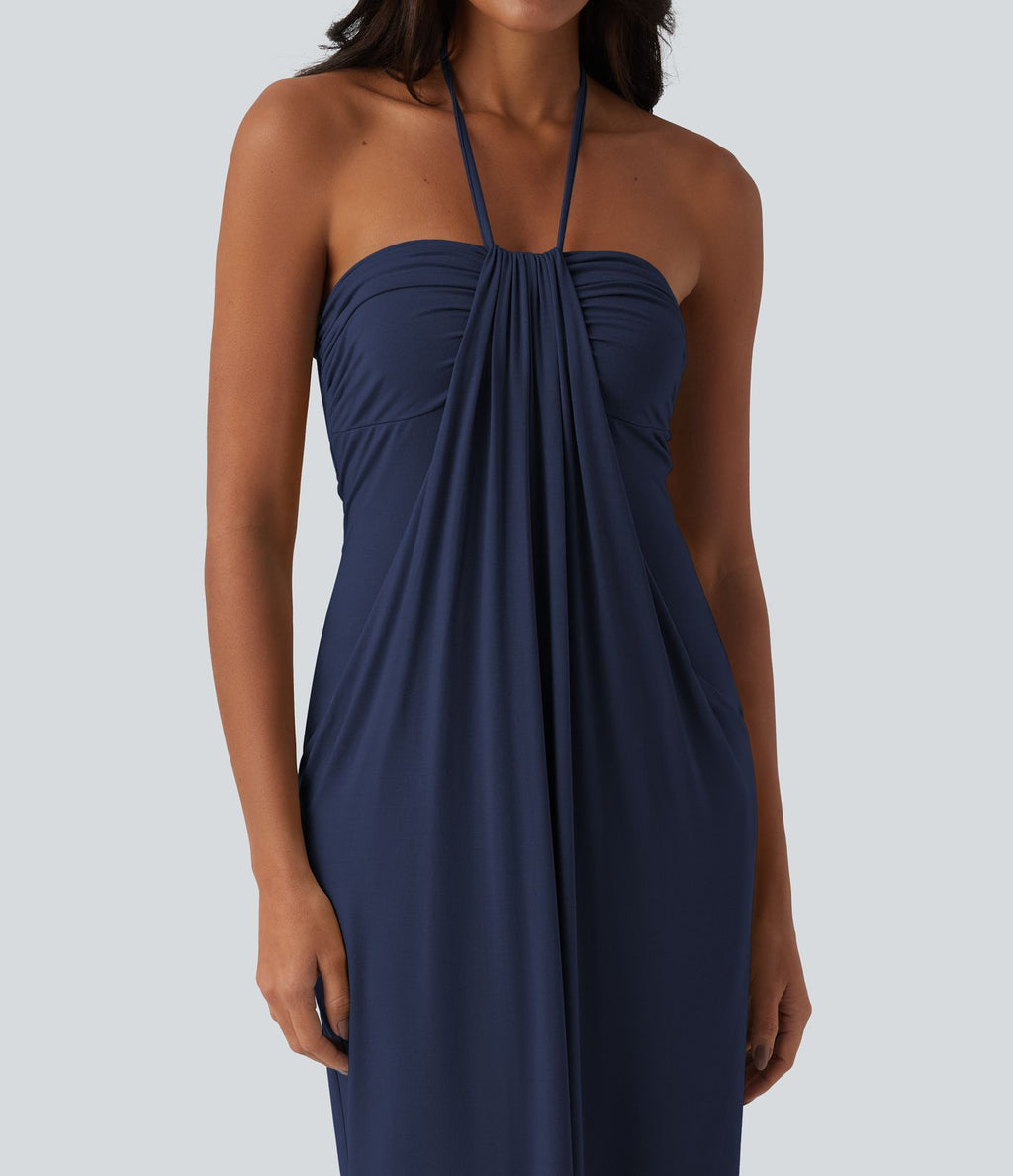 Robe longue dos nu col licou avec nœud et poches