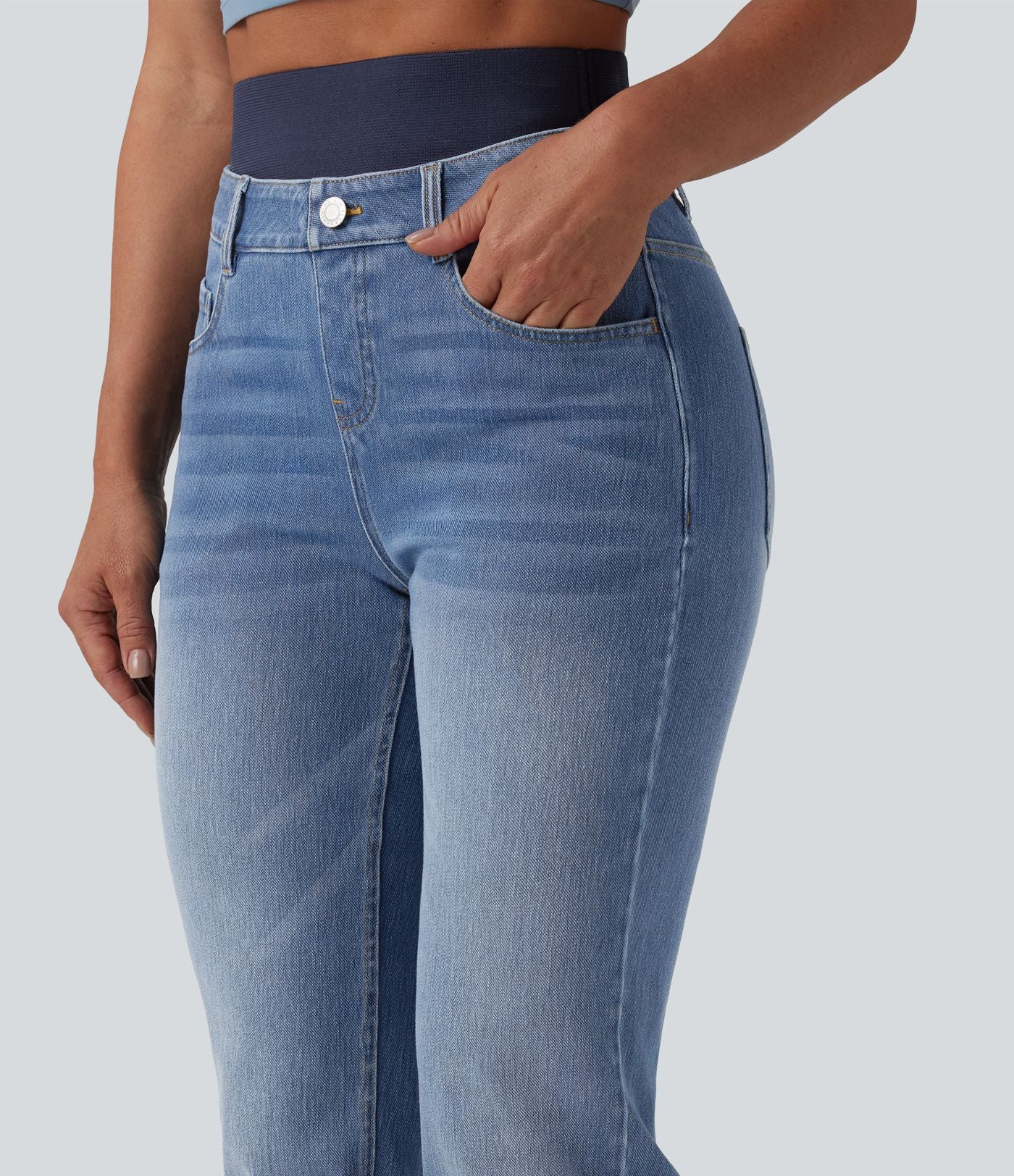 Jean ajusté décontracté Halara Flex™ double ceinture gainant taille haute avec poches