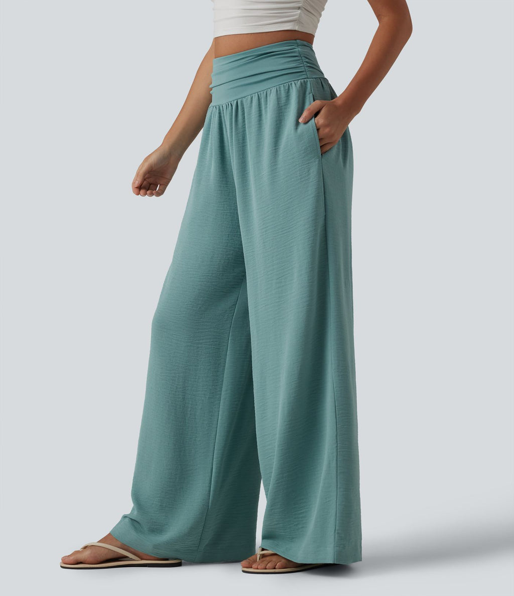 Pantalon ample taille haute ventre plat aspect lin avec fronces et poches