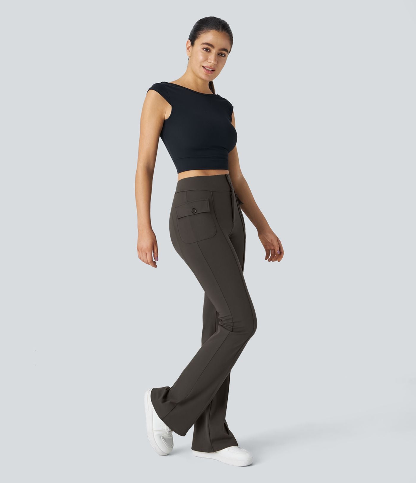 Pantalon cargo décontracté évasé taille haute avec poches à rabat latérales