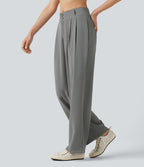 Pantalon tailleur Halara Flex™ à taille mi-haute, coupe droite et froncée, avec poches