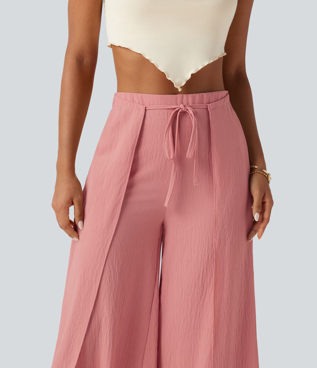 Pantalon ample fluide effet lin taille haute avec laçage