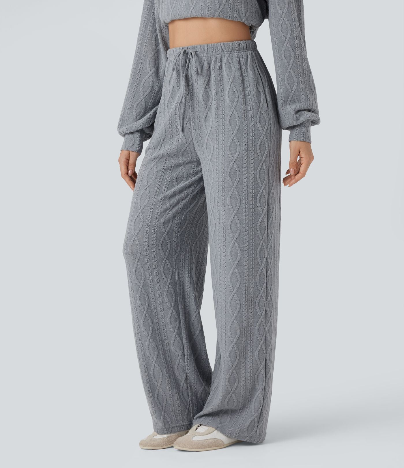 Pantalon décontracté taille haute maille torsadée avec cordon de serrage et poches