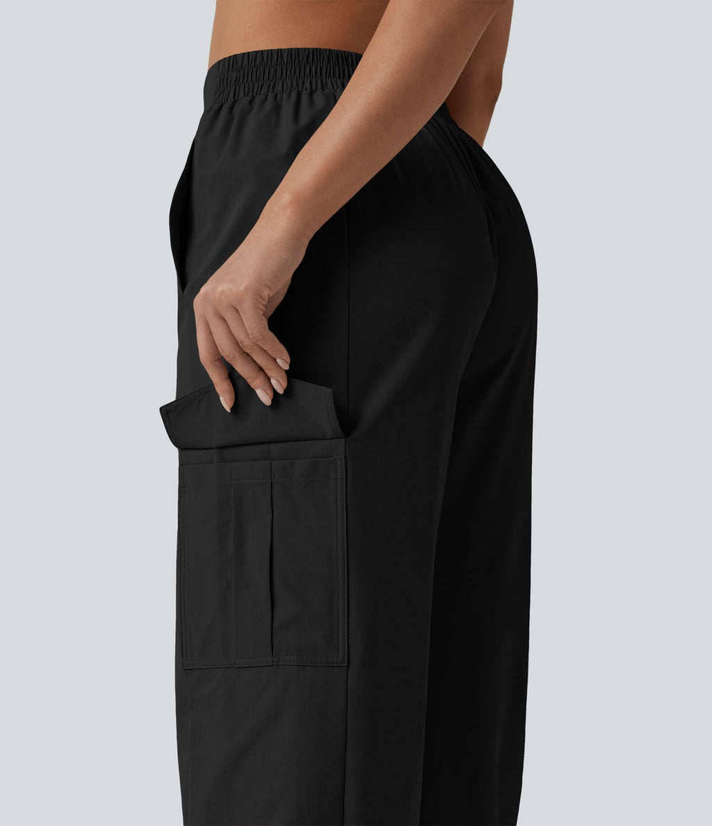 Pantalon cargo décontracté en popeline stretch taille mi-haute, coupe jambe large avec poches