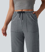 Pantalon casual coupe droite taille mi-haute vichy à cordon de serrage avec poches