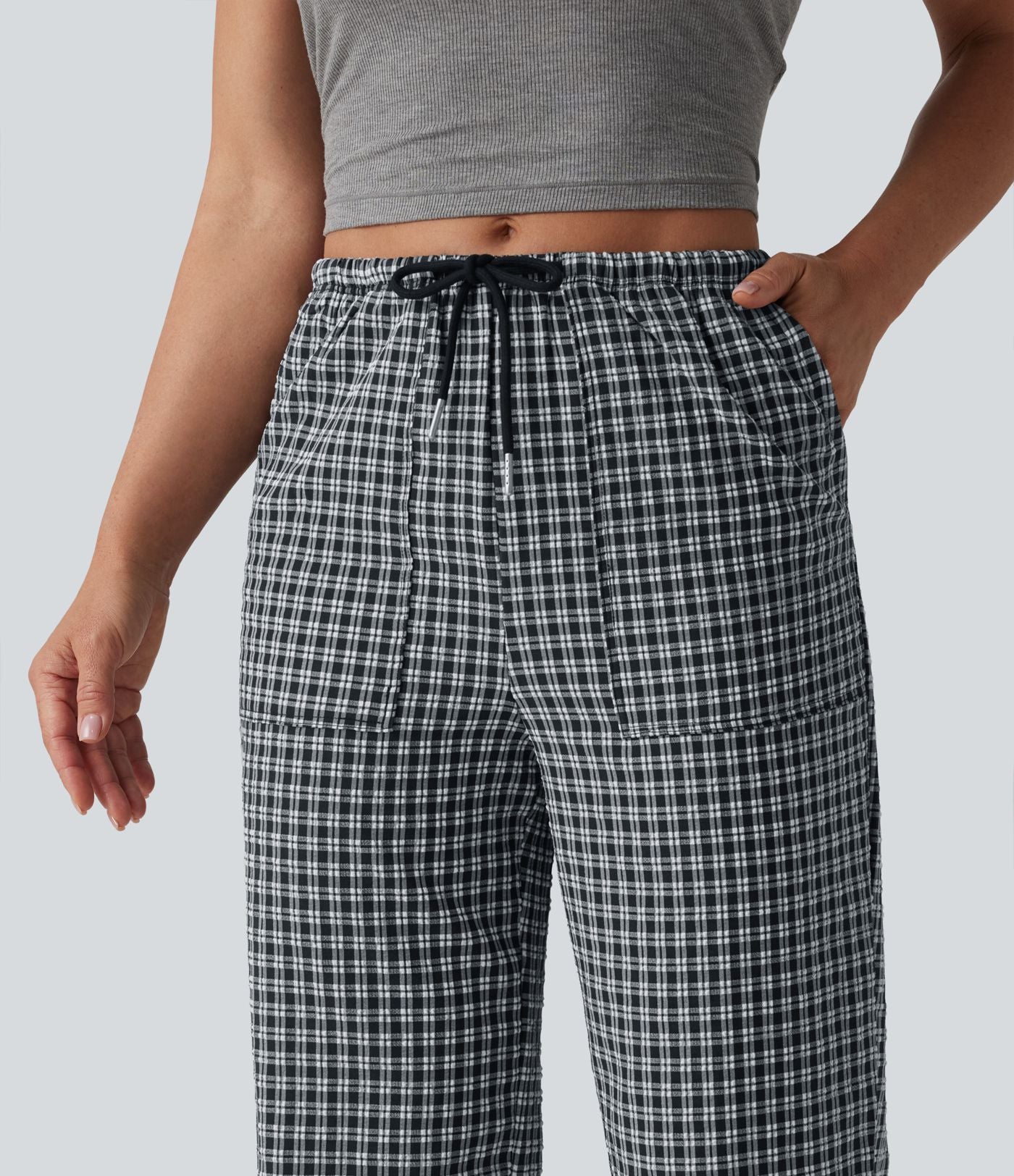 Pantalon casual coupe droite taille mi-haute vichy à cordon de serrage avec poches