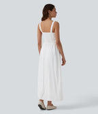 Robe mi-longue casual aspect lin col U avec nœud devant corset