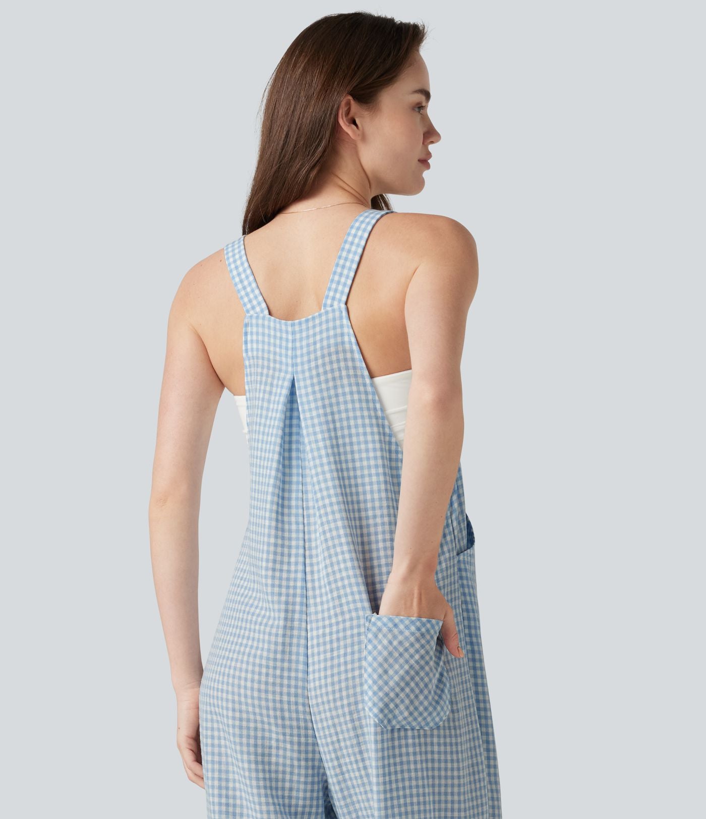 Salopette jogging décontractée à carreaux aspect lin avec poches