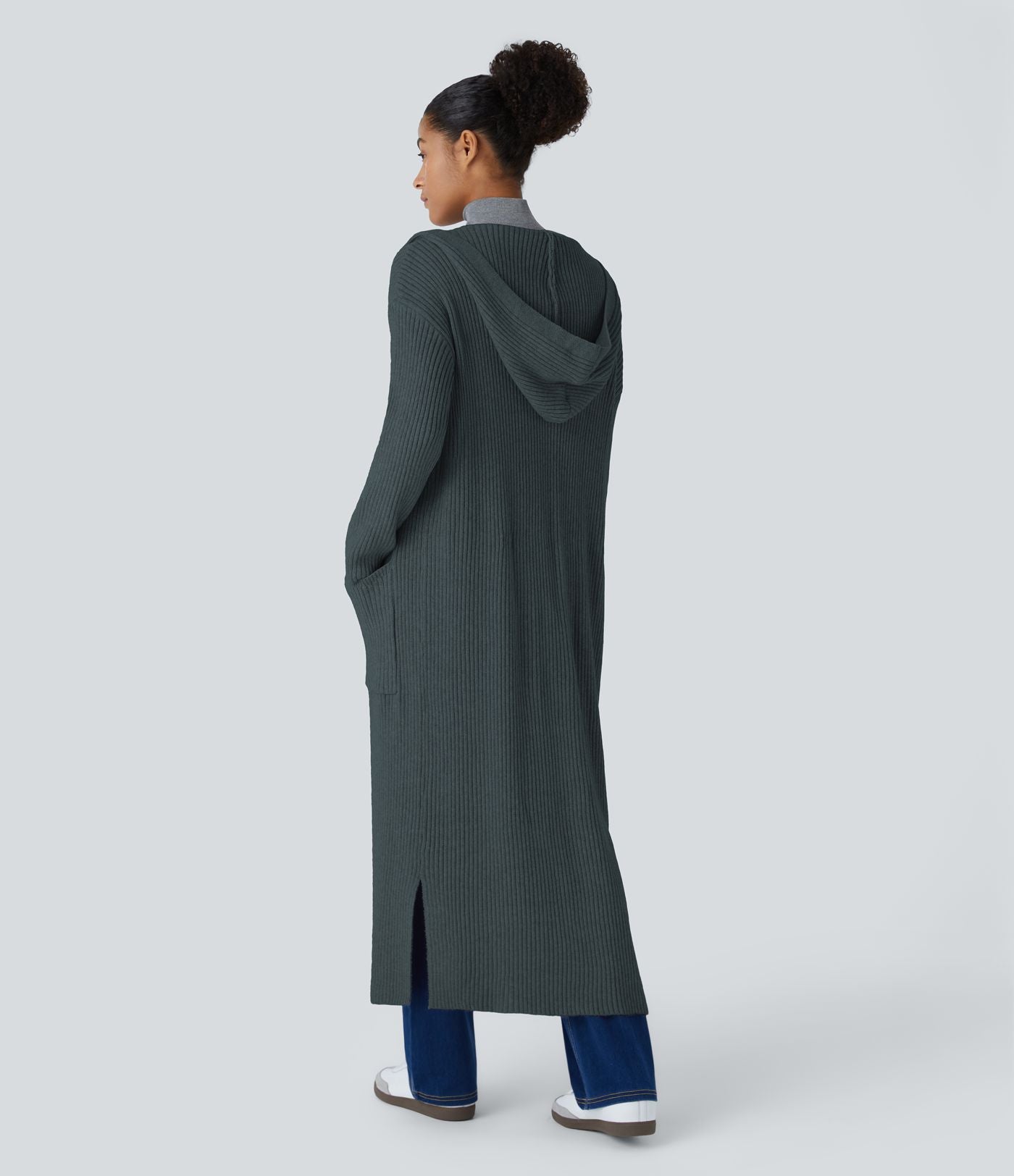 Cardigan long casual à capuche, manches longues et poches