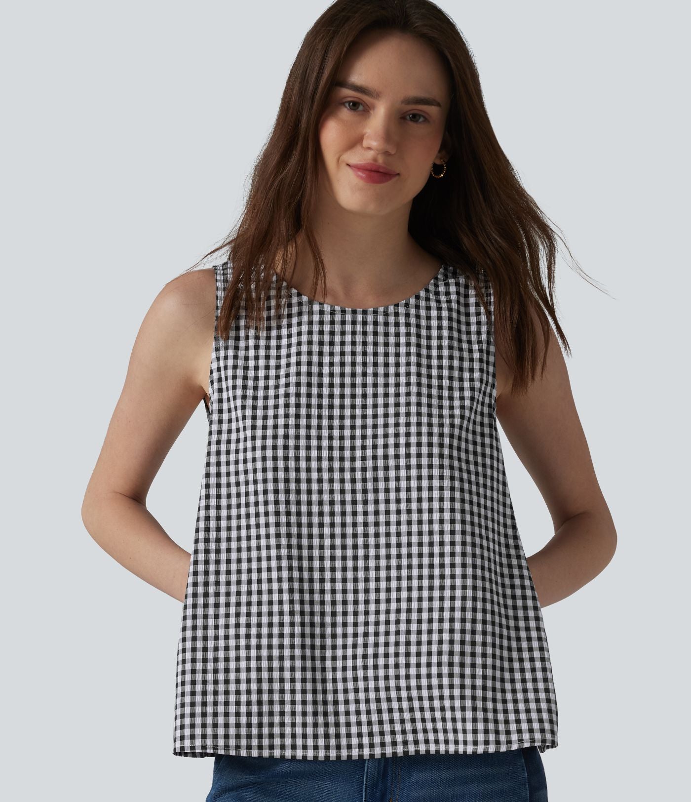 Débardeur casual col rond en vichy froissé avec poches