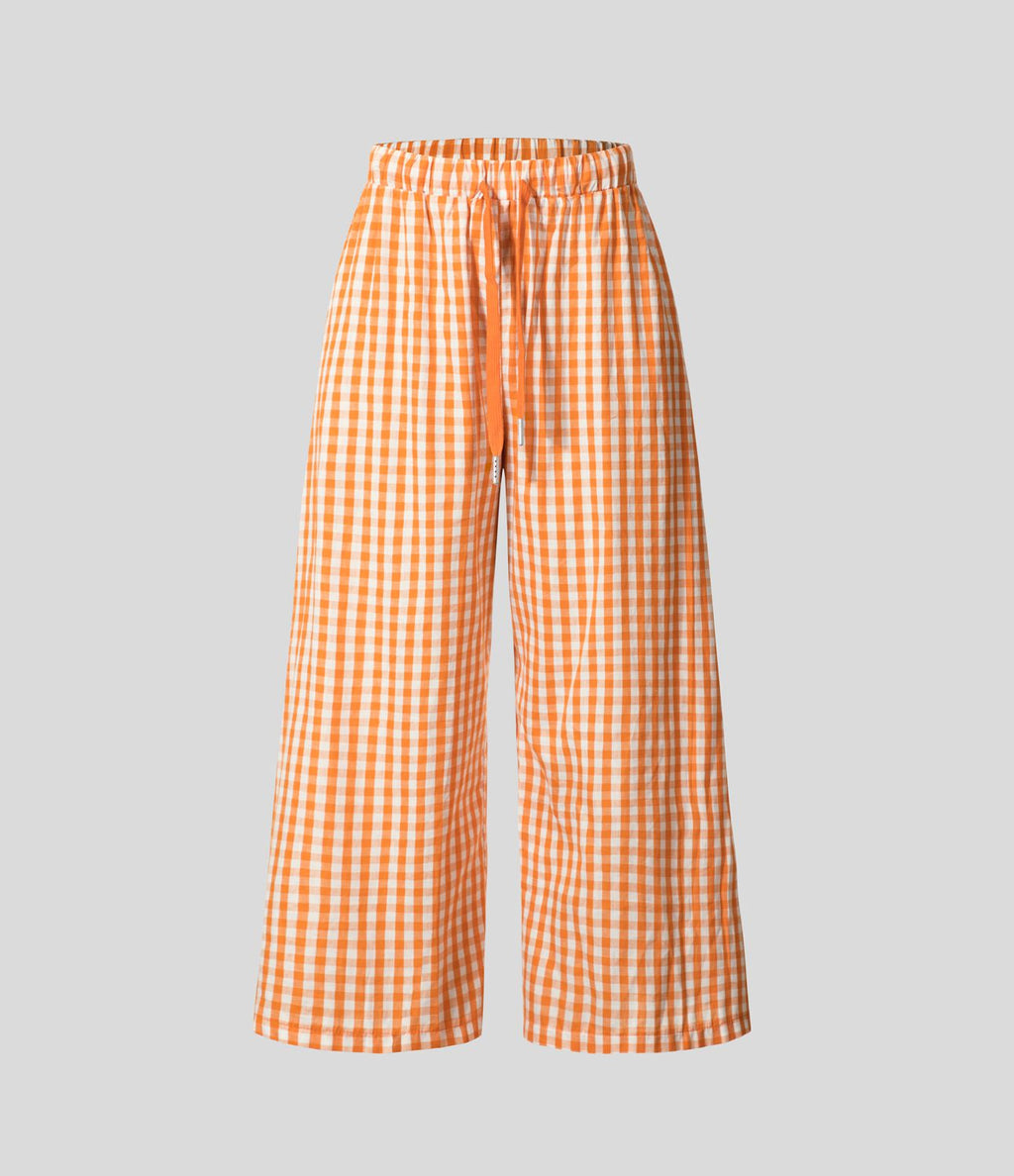 Pantalon en Coton Casual à Carreaux à Taille Haute avec Cordon de Serrage et Poches Latérales Amples
