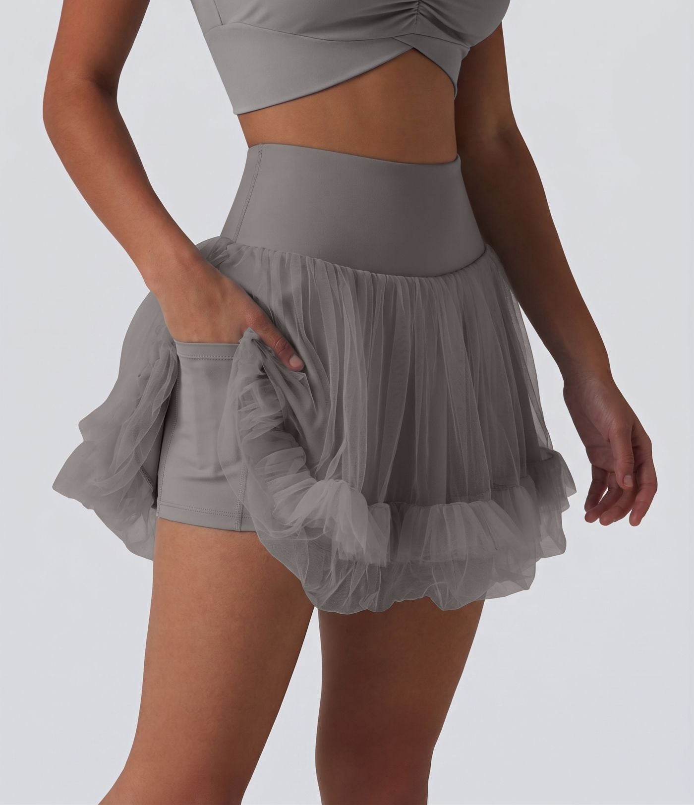 Jupe mini de sport 2 en 1 taille haute ventre plat en maille contrastée avec poches